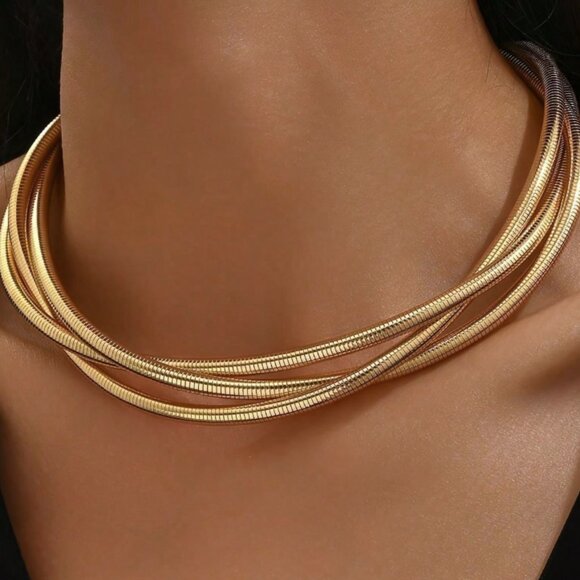 Multi-Layer 18k Gold Filled Snake Chain Choker Necklace - Picture 3 of 5